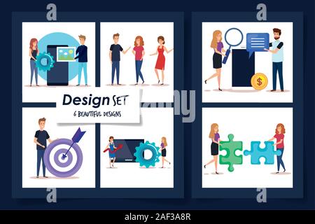 set six designs of people and icons business Stock Vector