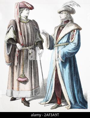 National costume, clothes, history of the costumes, French noblemen, in 1400-1450, Volkstracht, Kleidung, Geschichte der Kostüme, französische Edelleute, 1400-1450 Stock Photo