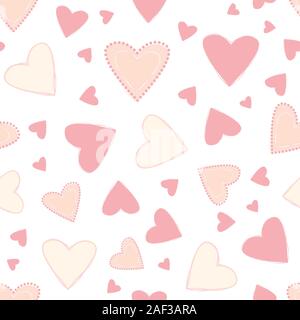 Soft pink pastel and peach coloured decorative hand drawn hearts. Loose scattered design. Seamless vector pattern on white background. Great for Stock Vector