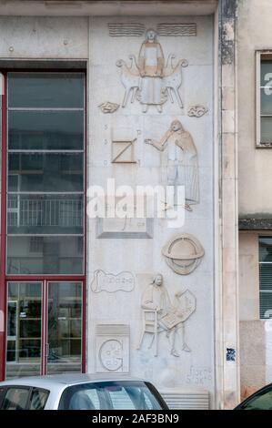 Bas-relief details on the wall of the Faculty of Mathematics at the university of Coimbra, Coimbra, Portugal Stock Photo