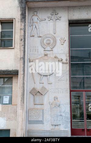 Bas-relief details on the wall of the Faculty of Mathematics at the university of Coimbra, Coimbra, Portugal Stock Photo