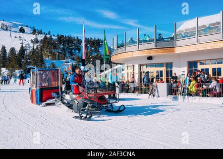 Man Skier skiing on Penken Park ski resort in Austria Stock Photo