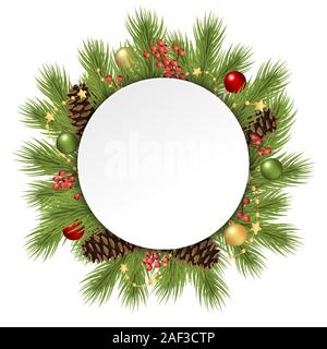 Fir branches and cones and christmas balls behind empty round frame for christmas winter greetings on white background Stock Vector