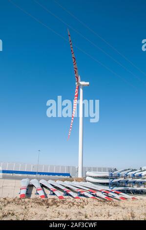 giant wind turbine blades ready for shipping and installing at RiaBlades (senvion) factory site,  Soza, Portugal. Stock Photo