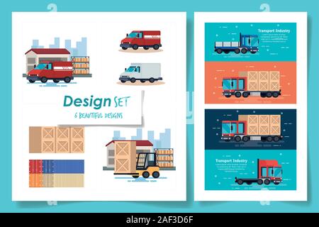 set six designs of transportation industrial Stock Vector