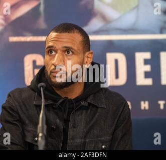 Brentwood Essex UK, 12th Dec. 2019 Boxing: MTK Press conference ahead of the GoldenContract light-heavyweight quarter-finals at Brentwood, Essex on Saturday.  as eight of the best light-heavyweight stars from around the world compete at the Brentwood Centre, live on Sky Sports in association with Matchroom Boxing and on ESPN+ Pictured Abubaker 'Bob' Ajisafe (born 13 April 1985) is a British professional boxer. He is a former Commonwealth, British and English light-heavyweight champion Credit Ian DavidsonAlamy Live News Stock Photo
