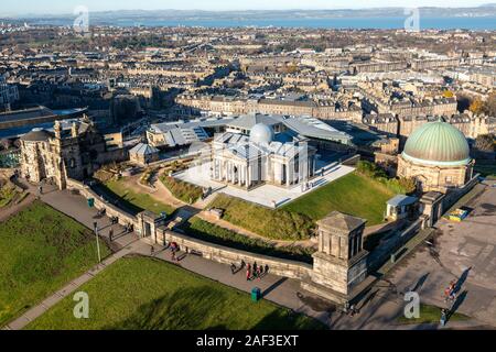 Aerial view of restored City Observatory, now the Collective Arts Centre, on Calton Hill, Edinburgh, Scotland, UK Stock Photo