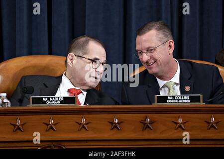 Washington, United States. 12th Dec, 2019. Representative Jerry Nadler, a Democrat from New York and chairman of the House Judiciary Committee, left, talks to ranking member Representative Doug Collins, a Republican from Georgia, during a hearing in Washington, DC, on Thursday, December 12, 2019. The Judiciary Committee is set to finish debating articles of impeachment against President Donald Trump today with a likely party-line vote to send the resolution to the floor of the House. Photo by Andrew Harrer/UPI Credit: UPI/Alamy Live News Stock Photo