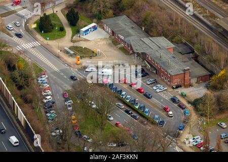 aerial photo, railway station Wattenscheid with station forecourt, motorway A40, Ruhrschnellweg, parking lots, parking lot, Wattenscheid, Bochum, Ruhr Stock Photo