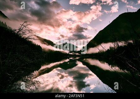 A foggy morning over Diablo Lake in the North Cascades National Park. Stock Photo