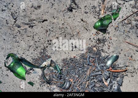 Burnt charred remains of sticks and bottles on ground after Bushfires swept through the area. January 2019 Bribie Island, Queensland, Australia Stock Photo