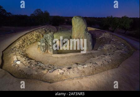 Dolmen of Lacara, the biggest megalithic burial in Extremadura. Spain. Night view Stock Photo