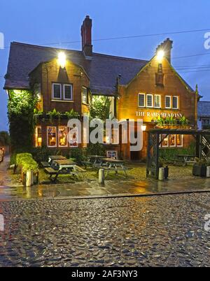 Rams Head pub, cobbled Church Lane, Grappenhall village, Warrington, Cheshire, England, UK, WA4 3EP,