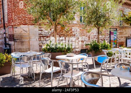 Numana, Ancona, Marche, Italy - September 11, 2019: Young olive trees growing in a big flowerpots with blooming flowers on medieval street of Numana. Stock Photo