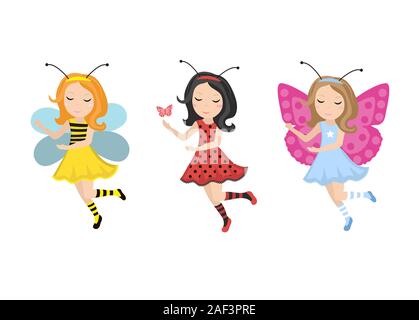 Cute little girl ladybug, bee, butterfly icon set in flat, cartoon style. Baby carnival costume bee. Isolated on white background. Vector illustration Stock Vector