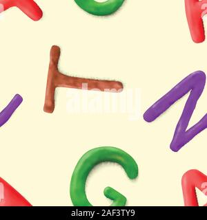 Seamless pattern with alphabet. Handmade modeling clay letters. Realistic 3d vector lettering background. Stock Vector