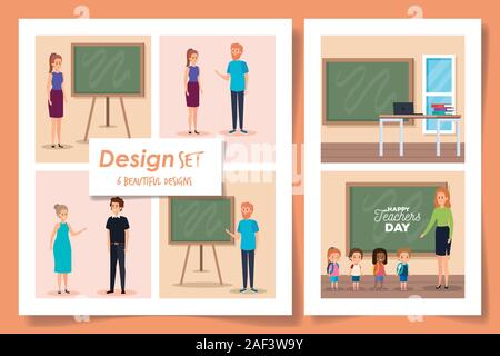 set six designs of happy teachers day in the classroom Stock Vector