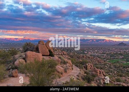 Early morning clouds on Pinnacle peak hiking trail and park in North Scottsdale, Arizona. Stock Photo