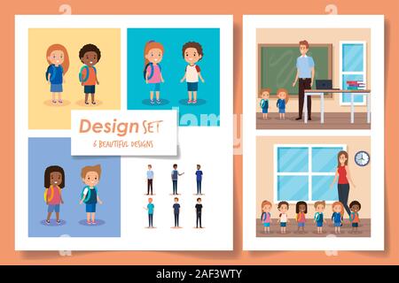 set six designs of students with teachers Stock Vector