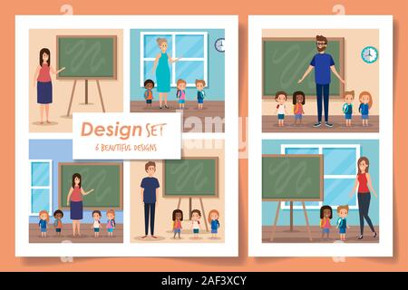 set six designs of students with teachers Stock Vector