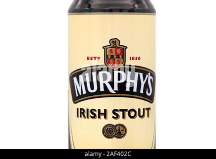 DUBLIN - DEC 11: Murphy's Beer Can or Irish Stout isolated on white Background in Dublin on December 11. 2019 in Ireland Stock Photo