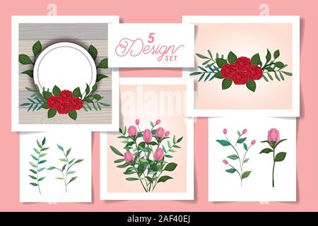 set of five designs with cute flowers Stock Vector