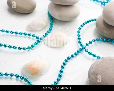 pile of stones, shells and sea star closeup on white background Stock Photo
