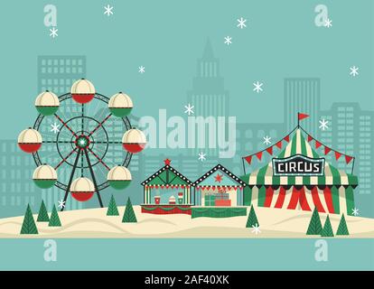 Winter amusement park flat vector poster Stock Vector