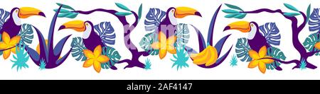 Seamless horisontal border with toucans and floral elements. Repeated ornament with exotic birds and plants. Flat vector illustartion. Stock Vector