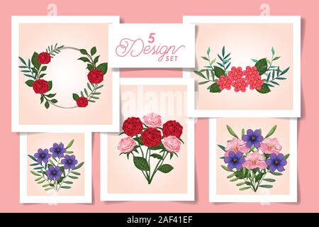 set of five designs with cute flowers Stock Vector