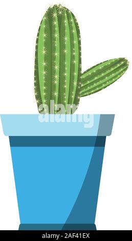 Potted cute cactus vector in blue flower pot isolated on white background. Used for cartoon room interior and decor props animation Stock Vector