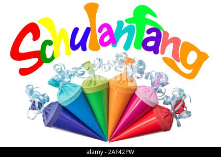 The word Back to School in the German language and matching colored sugar bags as an illustration in 3D rendering Stock Photo