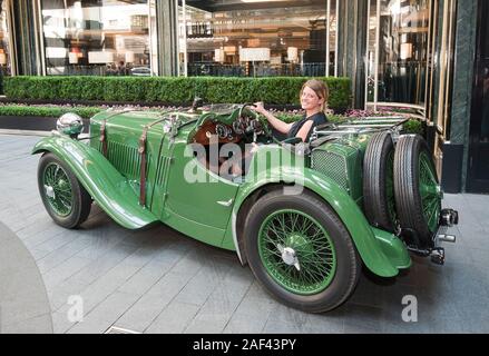 The 'Singer' Le Mans sports which won Gold in the Olympic Motor Rally 1936 in Berlin on show outside the Savoy hotel in London. Stock Photo