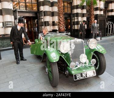 The 'Singer' Le Mans sports which won Gold in the Olympic Motor Rally 1936 in Berlin on show outside the Savoy hotel in London. Stock Photo