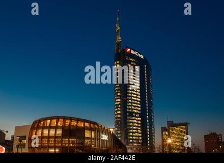 Milan Italy 4 December 2019:Piazza Gae Aulenti represents the new face, symbol of the city that changes and looks to the future. Stock Photo