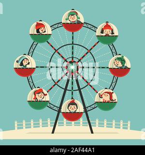 Happy kids ride on Ferris wheel flat color vector Stock Vector