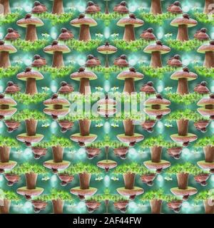 Seamless background with porcini mushrooms and snails. Stock Photo