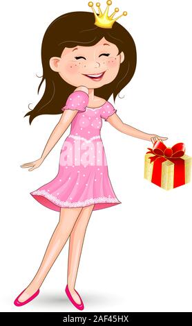 Princess in a pink dress and with a gift on a white background. Stock Vector