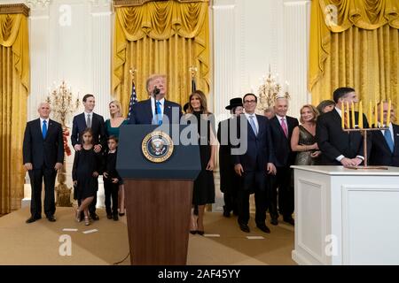 Washington, United States of America. 11 December, 2019. U.S President Donald Trump delivers remarks during an evening Hanukkah Reception in the East Room of the White House December 11, 2019 in Washington, DC.  Credit: Andrea Hanks/White House Photo/Alamy Live News Stock Photo