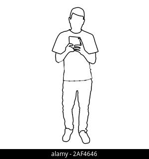 man taking full length selfie in the mirror. Isolated stock outline vector illustration Stock Vector