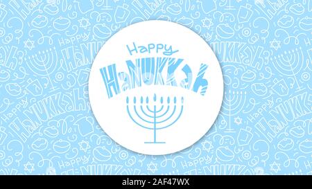 Happy Hanukkah greeting card template design. Holiday symbols: menorah (candlestick), candles, donuts, gifts, dreidel. Hand drawn vector illustration Stock Vector