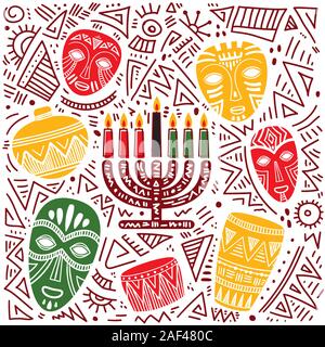 Happy Kwanzaa. Hand drawn vector illustration. Greeting card with kinara and traditional colored candles. Stock Vector