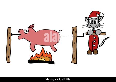 rat in santa claus costume escorts the symbol of the old year a pig frying it on a spitt. 2020 new year. isolated stock vector illustration Stock Vector