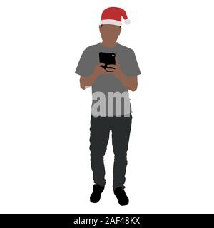 man in santa hat taking selfie full length in the mirror. Isolated stock flat vector illustration Stock Vector