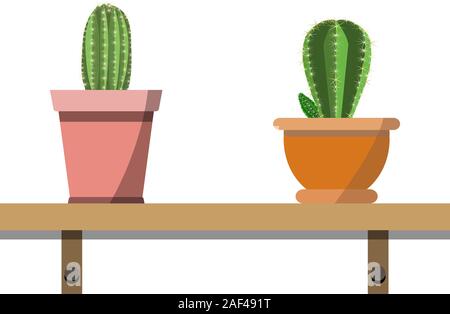 2 potted cactus plants in attractive colorful flower pots against white wall. House plants on woden shelf isolated on white. Props for interior, offic Stock Vector