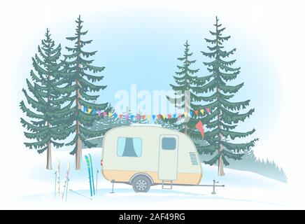 Travel Trailer parked in Glade. Winter forest. Stock Vector