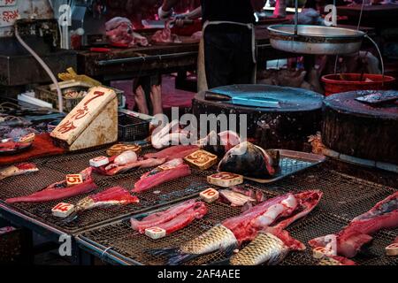fresh fish pieces on seafood / fish market in HongKong Stock Photo