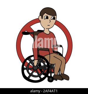 Prohibited person on wheelchair. Ban for people with disabilities. Red forbidding sign. isolated cartoon stock vector illustration Stock Vector