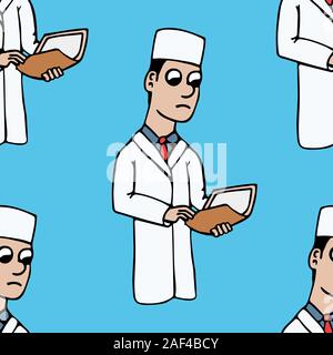 white young cartoon doctor in a coat holding a folder with a case history. seamless pattern. stock vector illustration Stock Vector