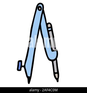 cartoon blue compass with pencil. isolated doodle stock vector illustration Stock Vector
